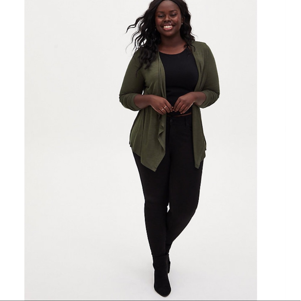 Super Soft Olive Green Drape Front Cardigan - Picture 2 of 5